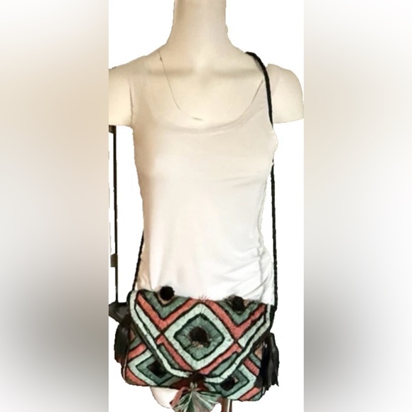 Anthropologie ibBan Handmade Raffia Leather Crossbody Bag Teal Black Tassel - Picture 6 of 16